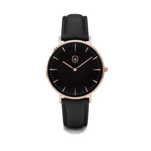 Produktbild Uhr Dark Mode. schwarzes Ziffernblatt, Rosé Gold, schwarzes Lederarmband
