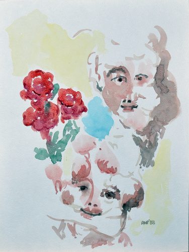 Abstrakt gezeichnet Personen und Rosen, die Frau bekommt von dem Mann Rosen geschenkt